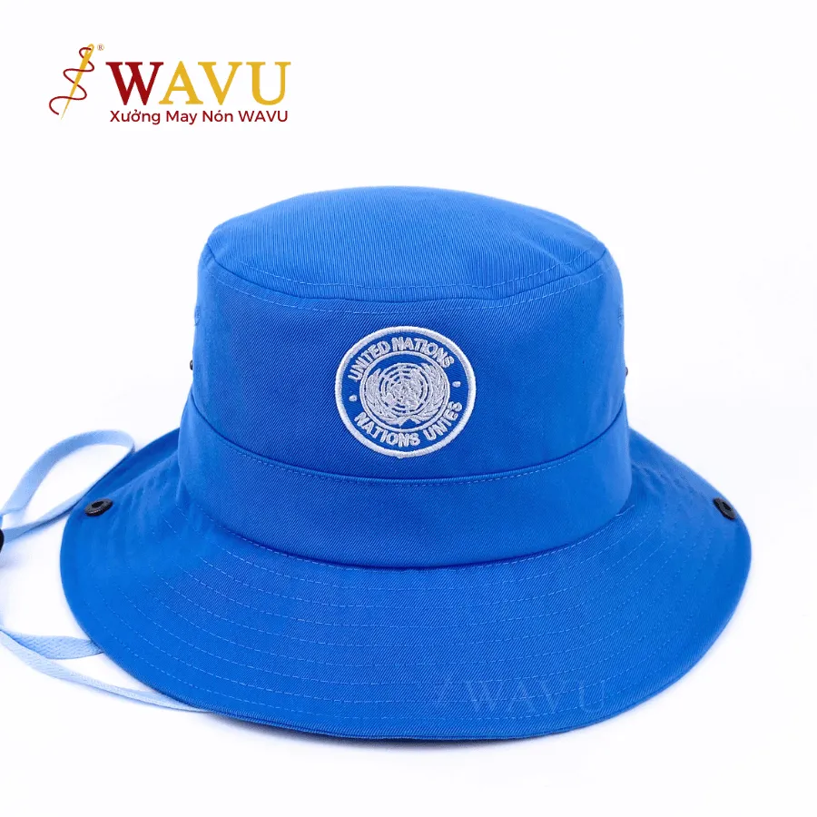 Nón bucket vành xoè hình thêu phối viền phối dây